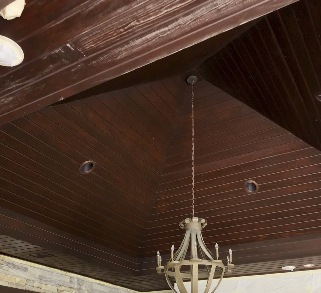 Stained wood ceiling — before refinishing