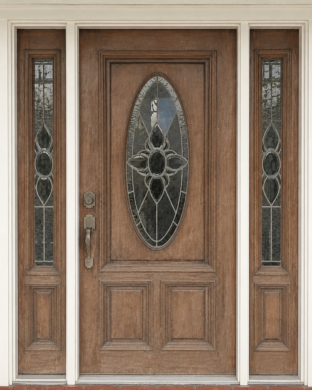 Oval-glass entry with sidelights — before refinishing