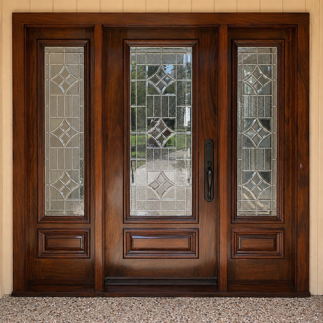 Decorative-glass entry with sidelights after — refinished