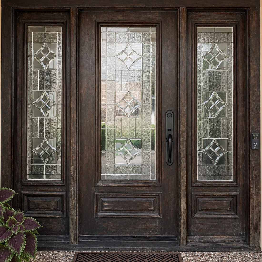 Decorative-glass entry with sidelights before — sun-faded